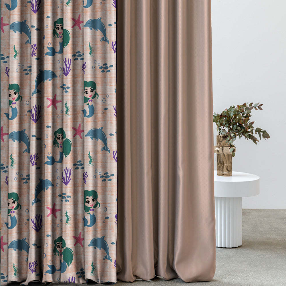 Magical Marine Kids Orange Heavy Satin Room Darkening Curtains Set Of 2 - (DS514F)