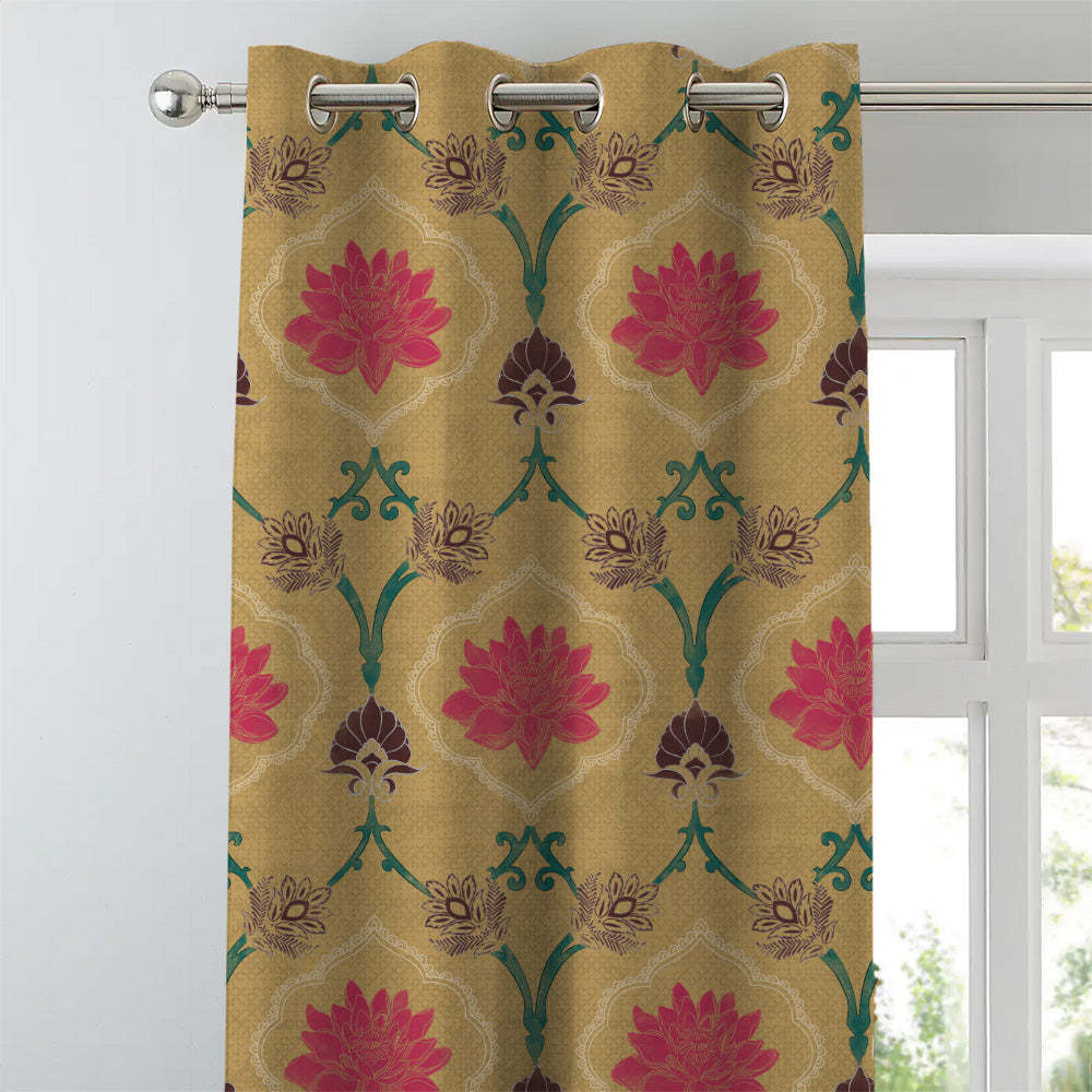 Kamal Indie Saffron Yellow Heavy Satin Blackout curtains Set Of 2 - (DS517C)