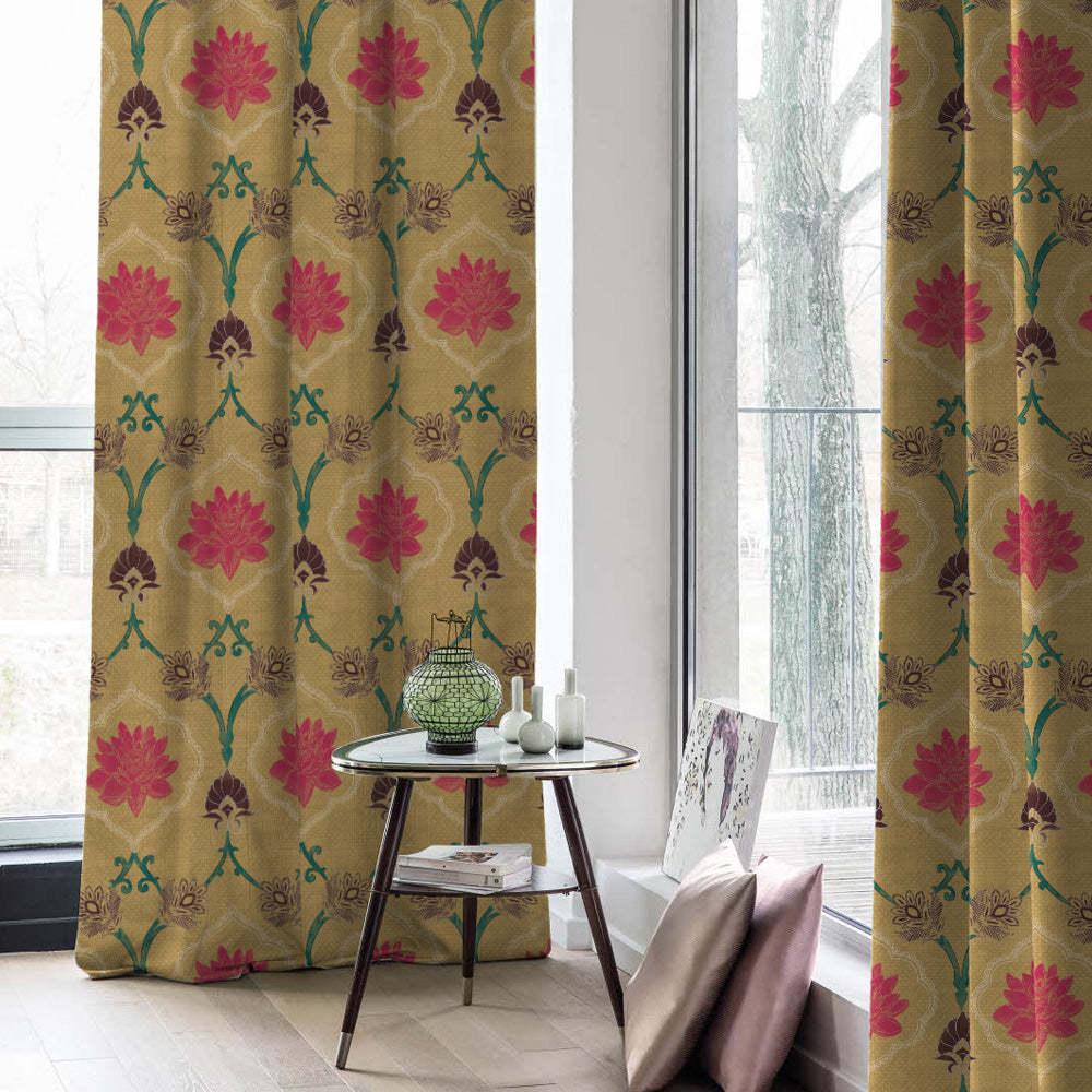 Kamal Indie Saffron Yellow Heavy Satin Blackout curtains Set Of 2 - (DS517C)