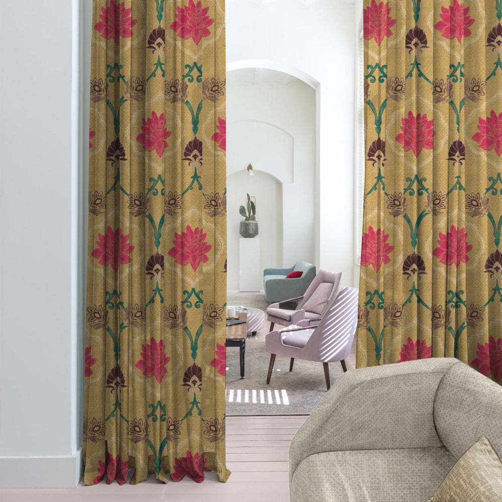 Kamal Indie Saffron Yellow Heavy Satin Blackout curtains Set Of 2 - (DS517C)