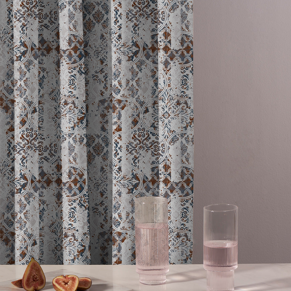 Damask Delight Indie Space Blue Heavy Satin Blackout curtains Set Of 1pc - (DS524A)