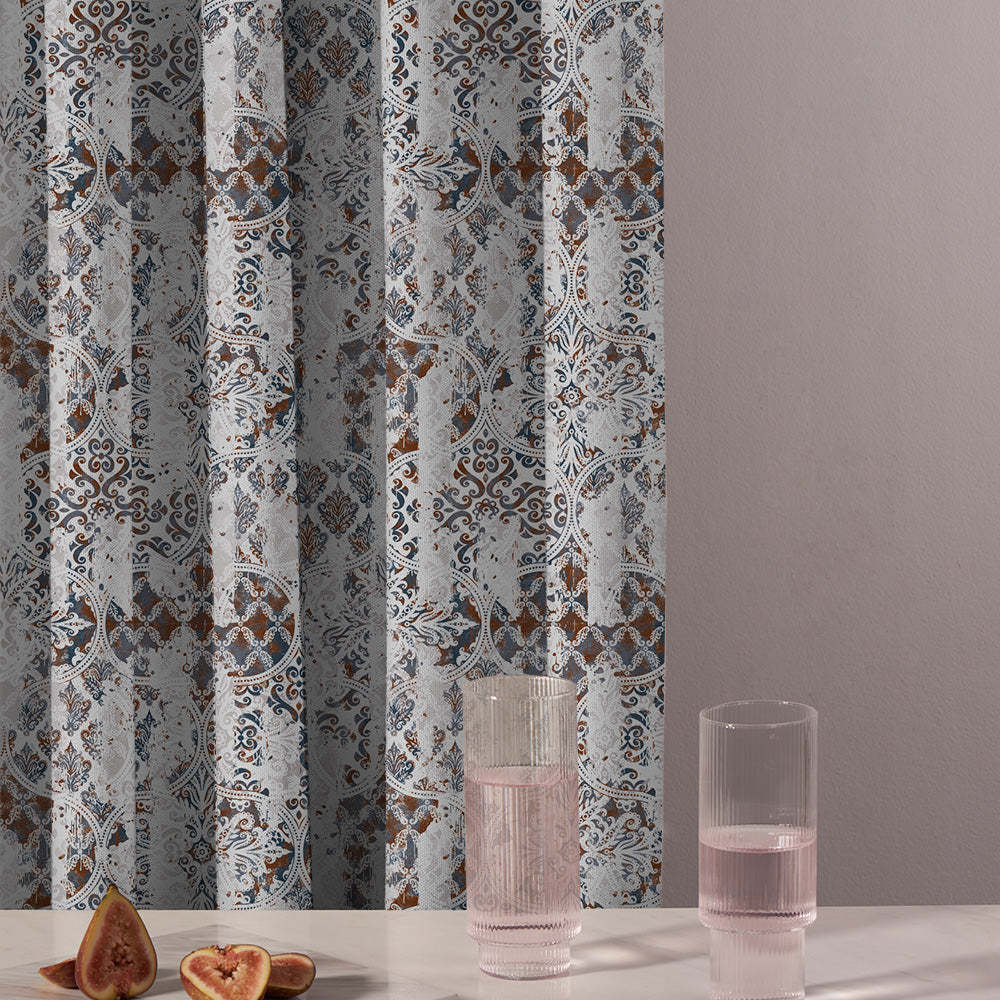 Damask Delight Indie Space Blue Heavy Satin Blackout curtains Set Of 1pc - (DS524A)