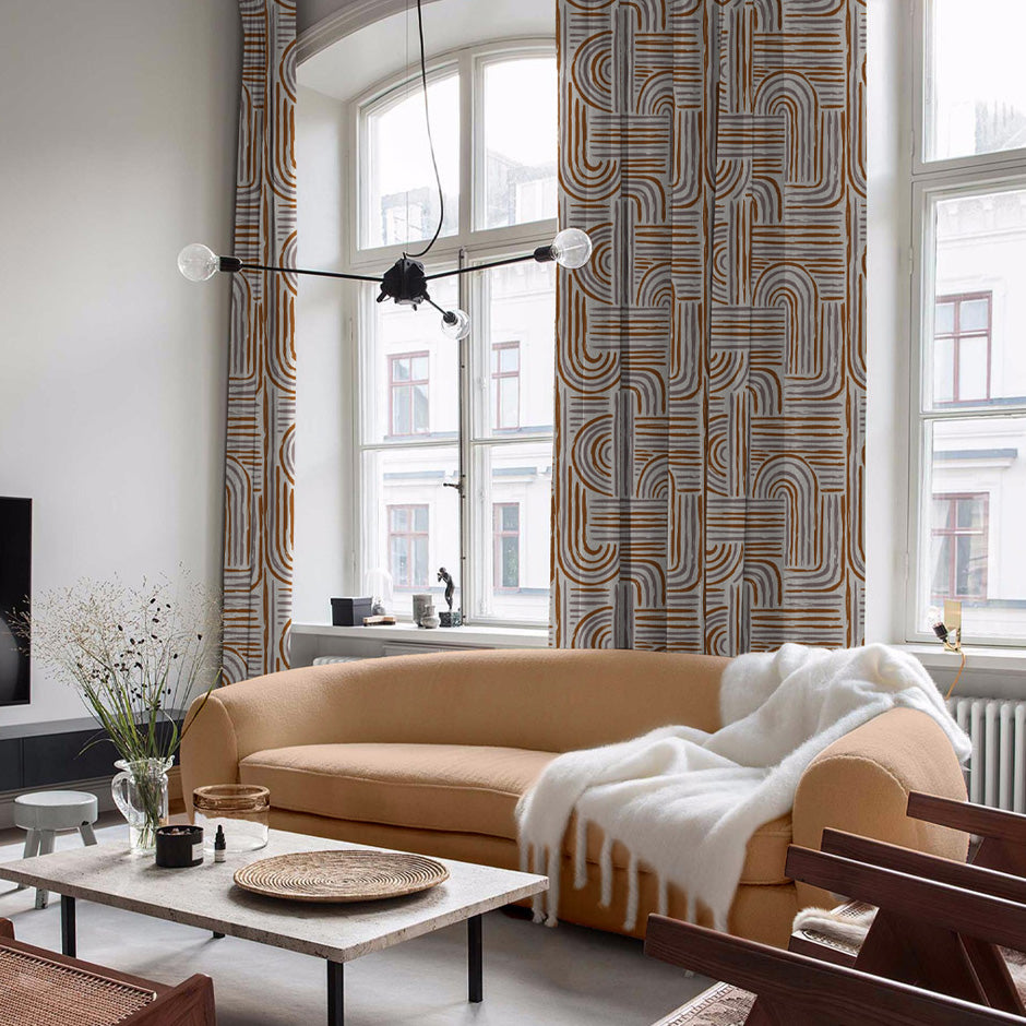Poetic Curves Geometric Ash Grey Heavy Satin Blackout Curtains Set Of 2 - (DS528B)