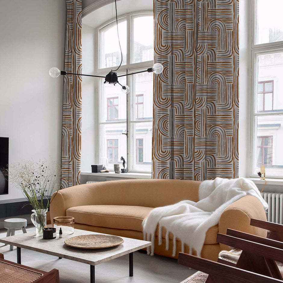 Poetic Curves Geometric Ash Grey Heavy Satin Blackout Curtains Set Of 2 - (DS528B)