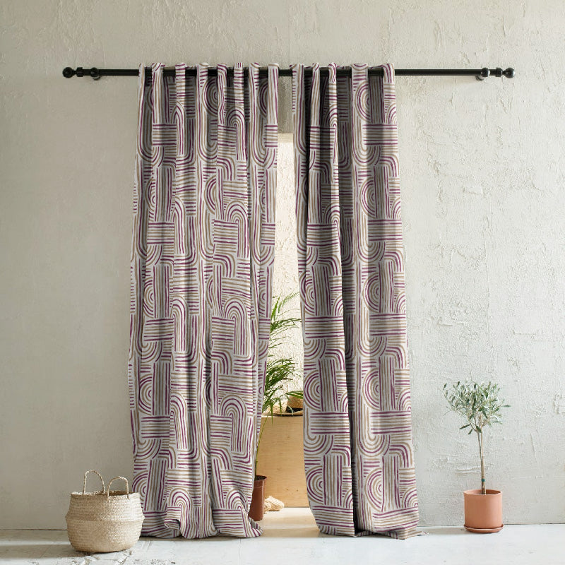 Poetic Curves Geometric Wine Heavy Satin Room Darkening Curtains Set Of 2 - (DS528C)