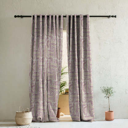 Poetic Curves Geometric Wine Heavy Satin Room Darkening Curtains Set Of 2 - (DS528C)