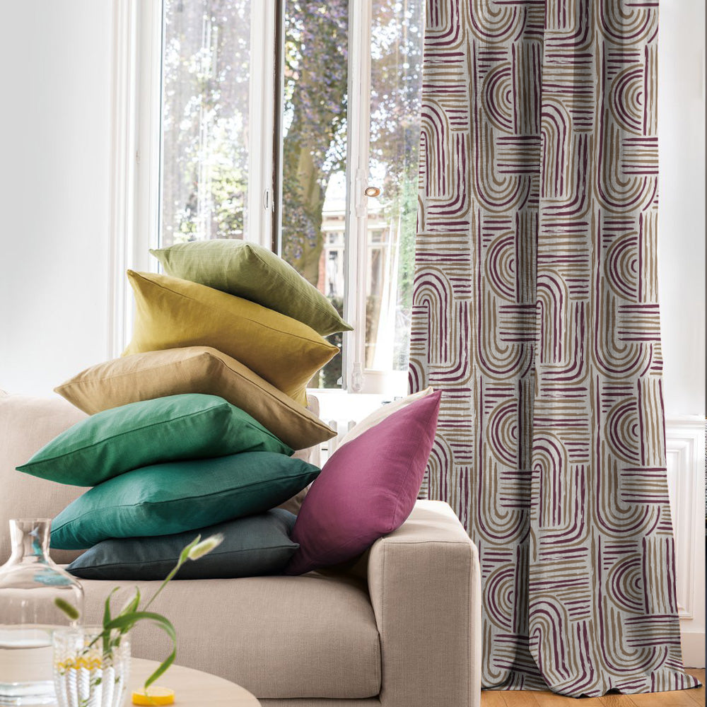 Poetic Curves Geometric Wine Heavy Satin Room Darkening Curtains Set Of 2 - (DS528C)