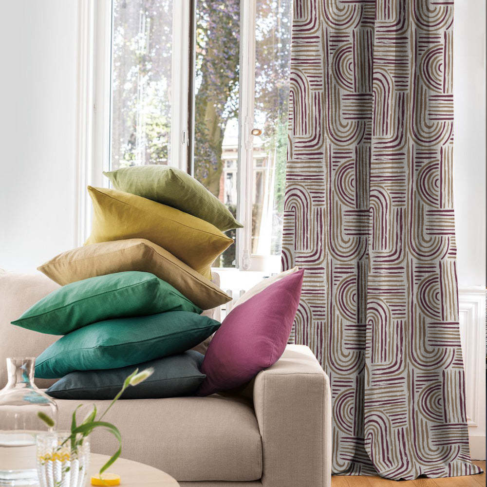 Poetic Curves Geometric Wine Heavy Satin Room Darkening Curtains Set Of 2 - (DS528C)