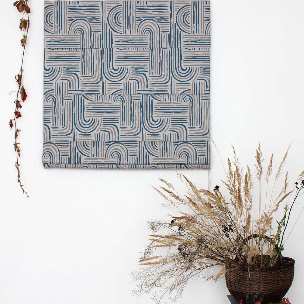 Poetic Curves Geometric Steel Blue Satin Roman Blind (DS528D)