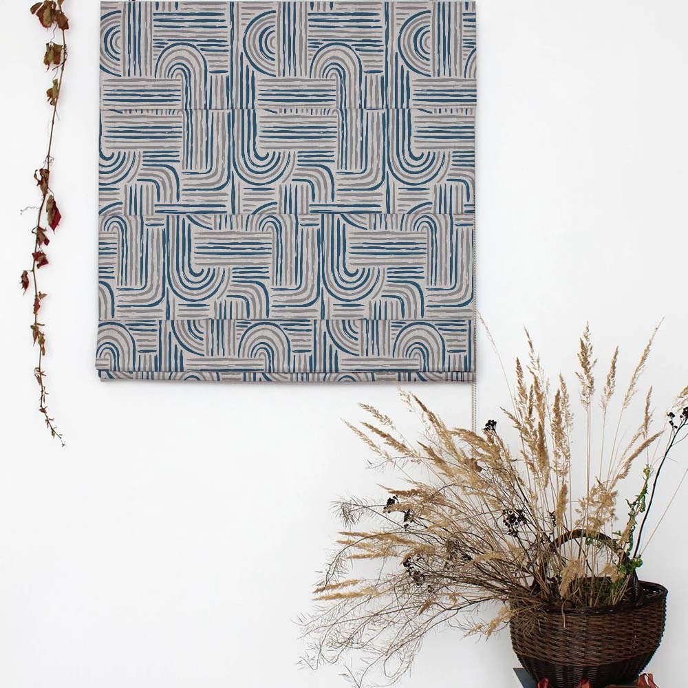 Poetic Curves Geometric Steel Blue Satin Roman Blind (DS528D)