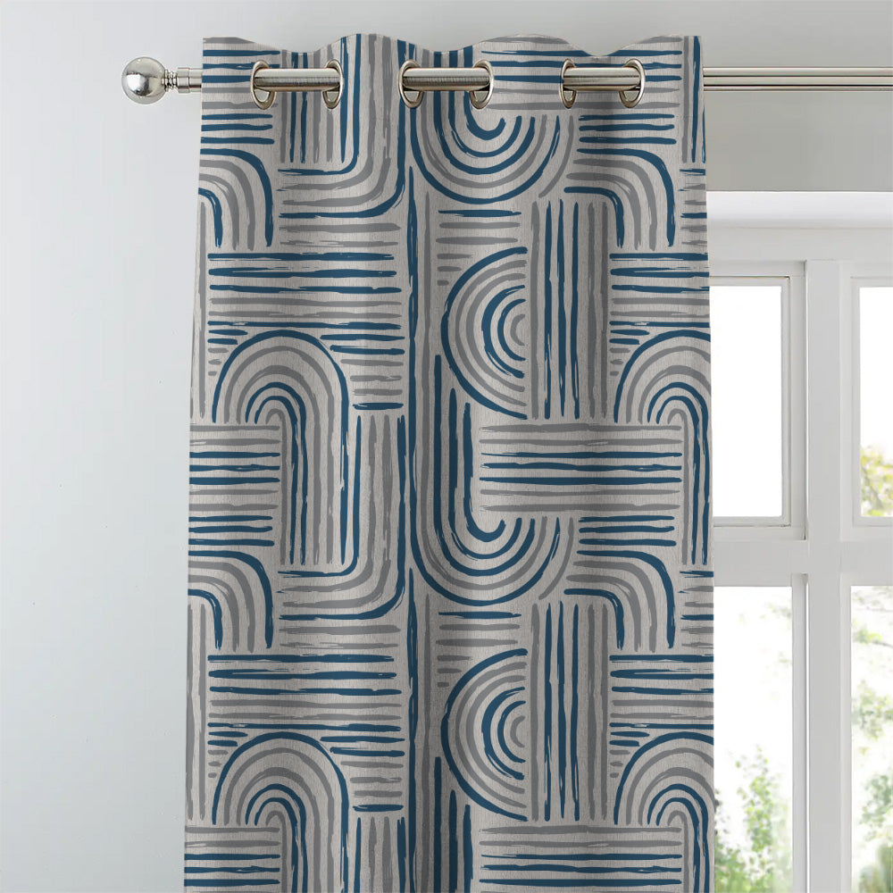 Poetic Curves Geometric Steel Blue Heavy Satin Blackout curtains Set Of 2 - (DS528D)