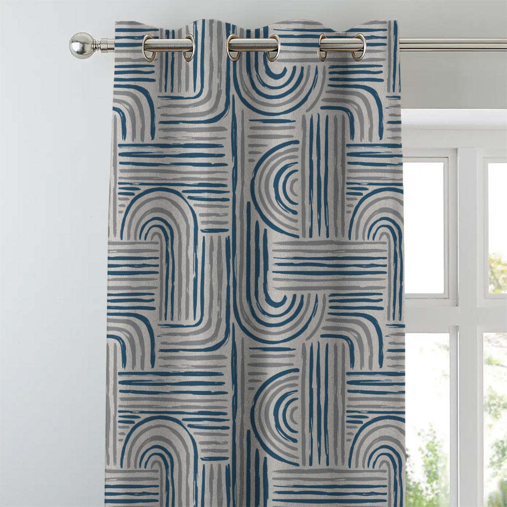 Poetic Curves Geometric Steel Blue Heavy Satin Blackout curtains Set Of 2 - (DS528D)