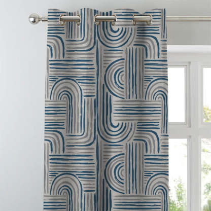 Poetic Curves Geometric Steel Blue Heavy Satin Blackout curtains Set Of 2 - (DS528D)
