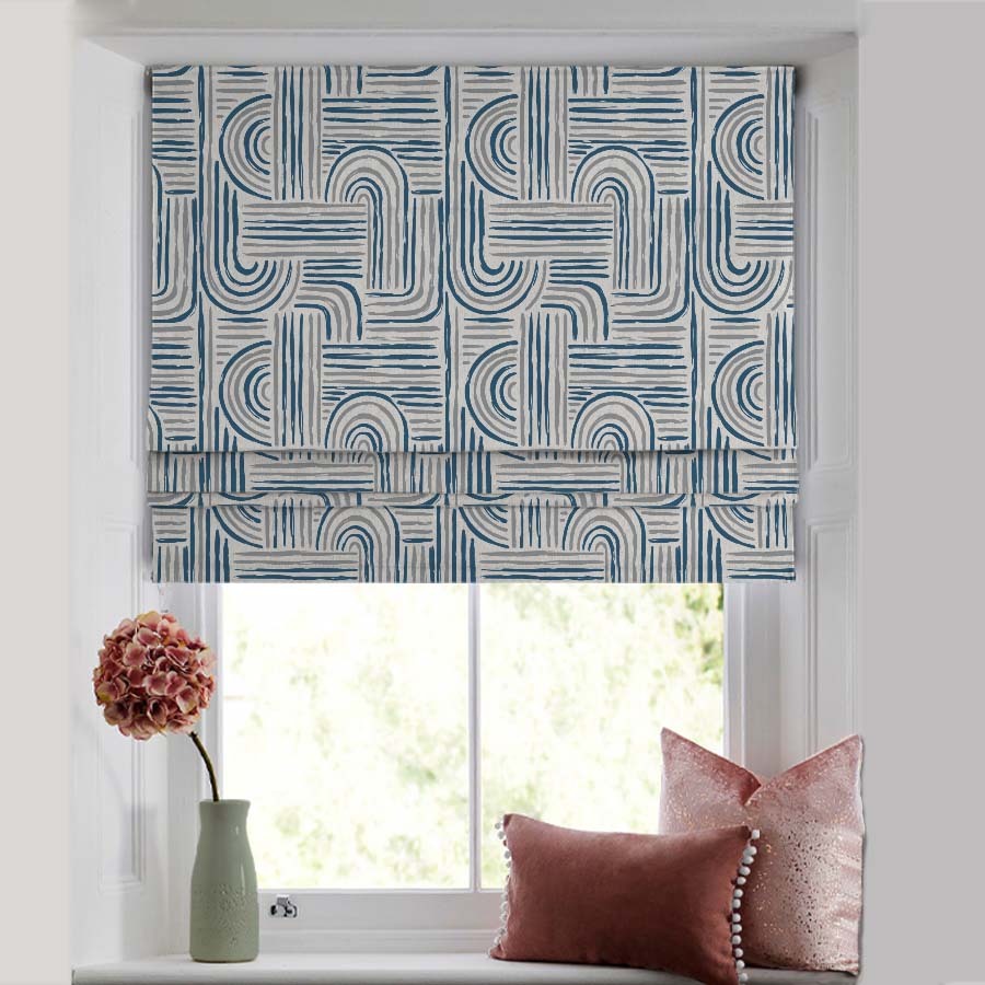 Poetic Curves Geometric Steel Blue Satin Roman Blind (DS528D)
