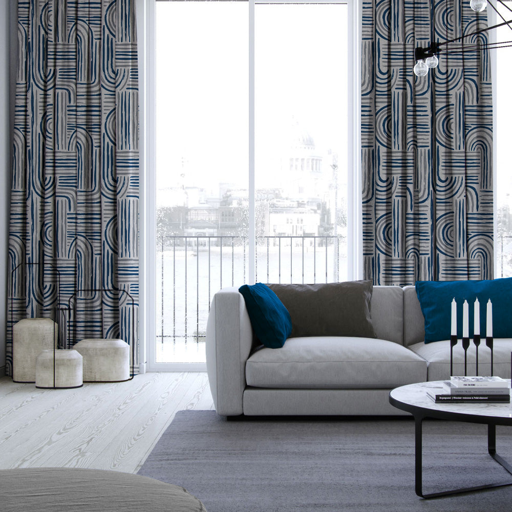 Poetic Curves Geometric Steel Blue Heavy Satin Blackout curtains Set Of 2 - (DS528D)