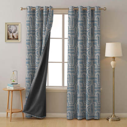 Poetic Curves Geometric Steel Blue Heavy Satin Blackout curtains Set Of 2 - (DS528D)