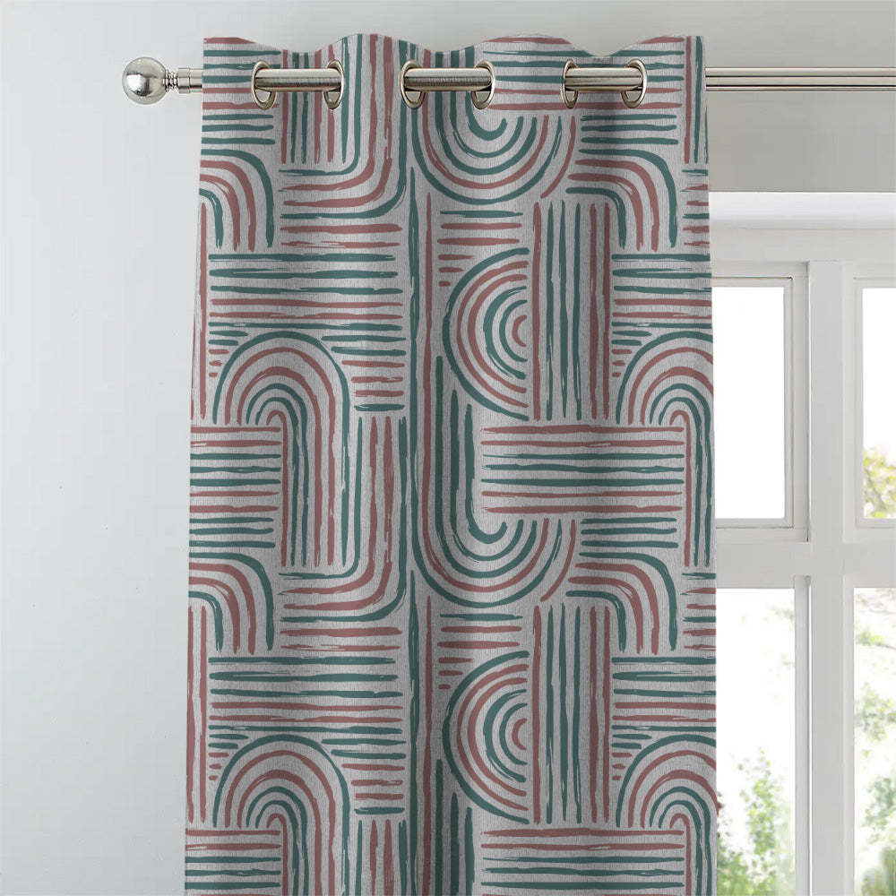 Poetic Curves Geometric Teal Heavy Satin Room Darkening Curtains Set Of 2 - (DS528E)