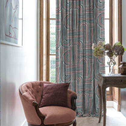Poetic Curves Geometric Teal Heavy Satin Room Darkening Curtains Set Of 2 - (DS528E)