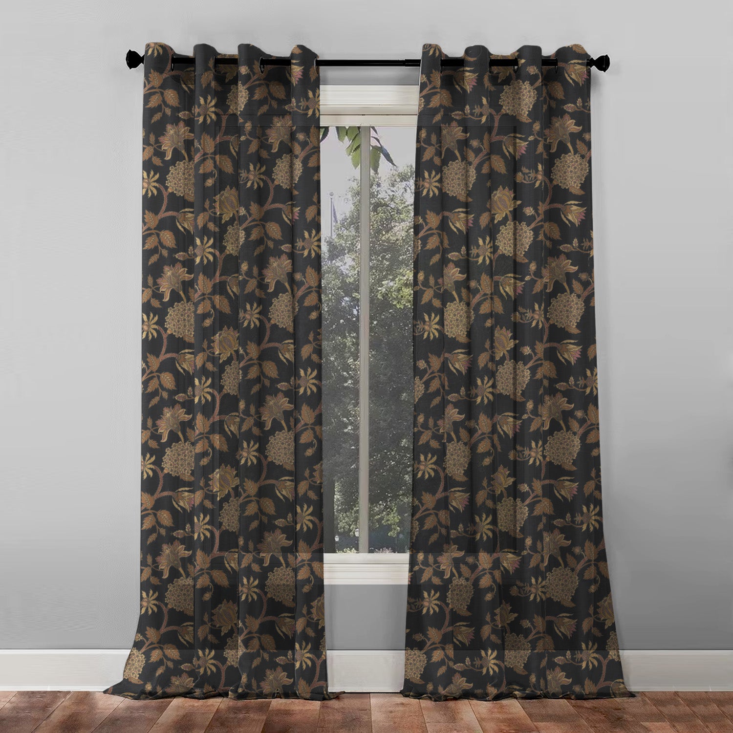 Garden Charm Floral Metal Black Shimmer Sheer Semi Transparent Curtains Set Of 2- (DS542F)
