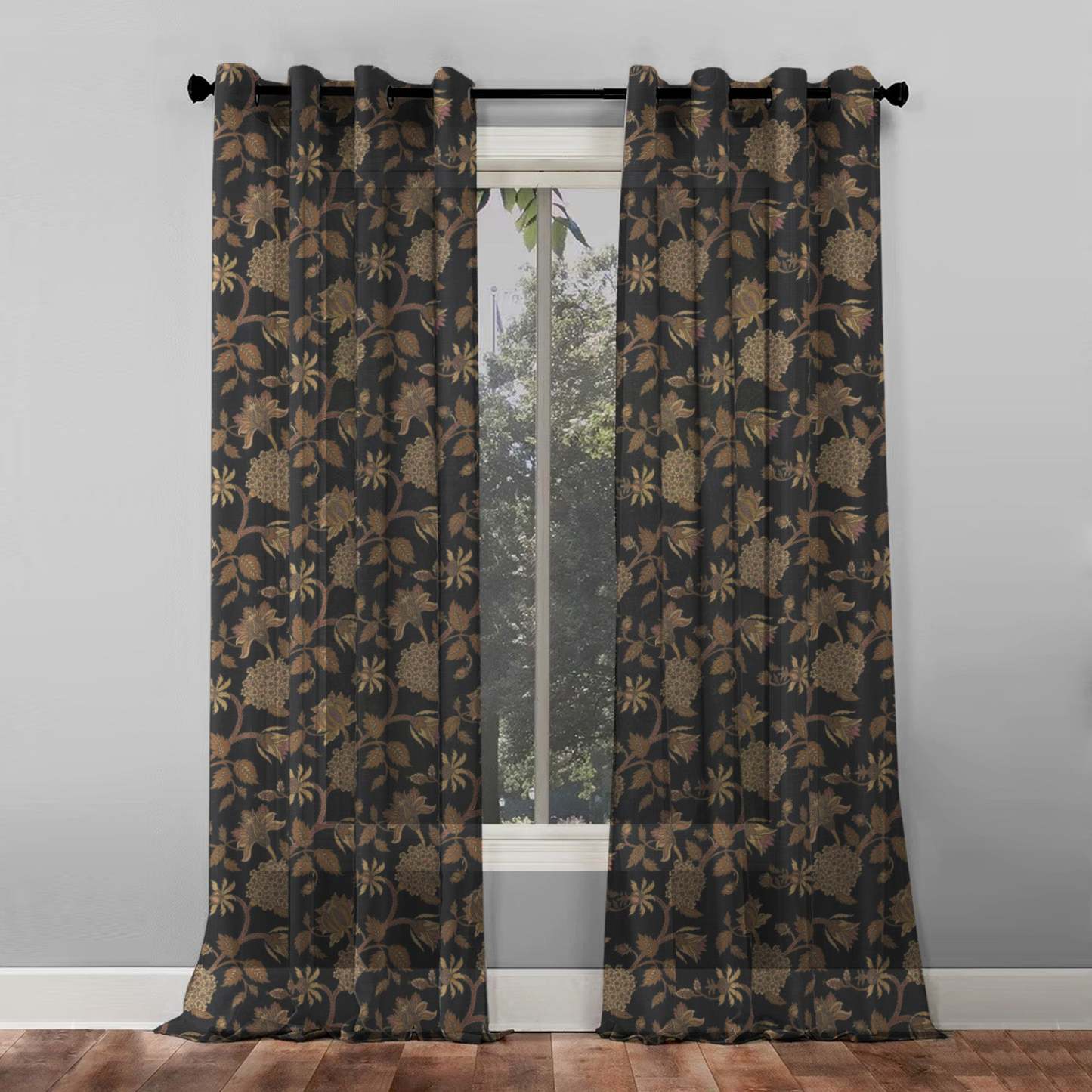 Garden Charm Floral Metal Black Shimmer Sheer Semi Transparent Curtains Set Of 2- (DS542F)