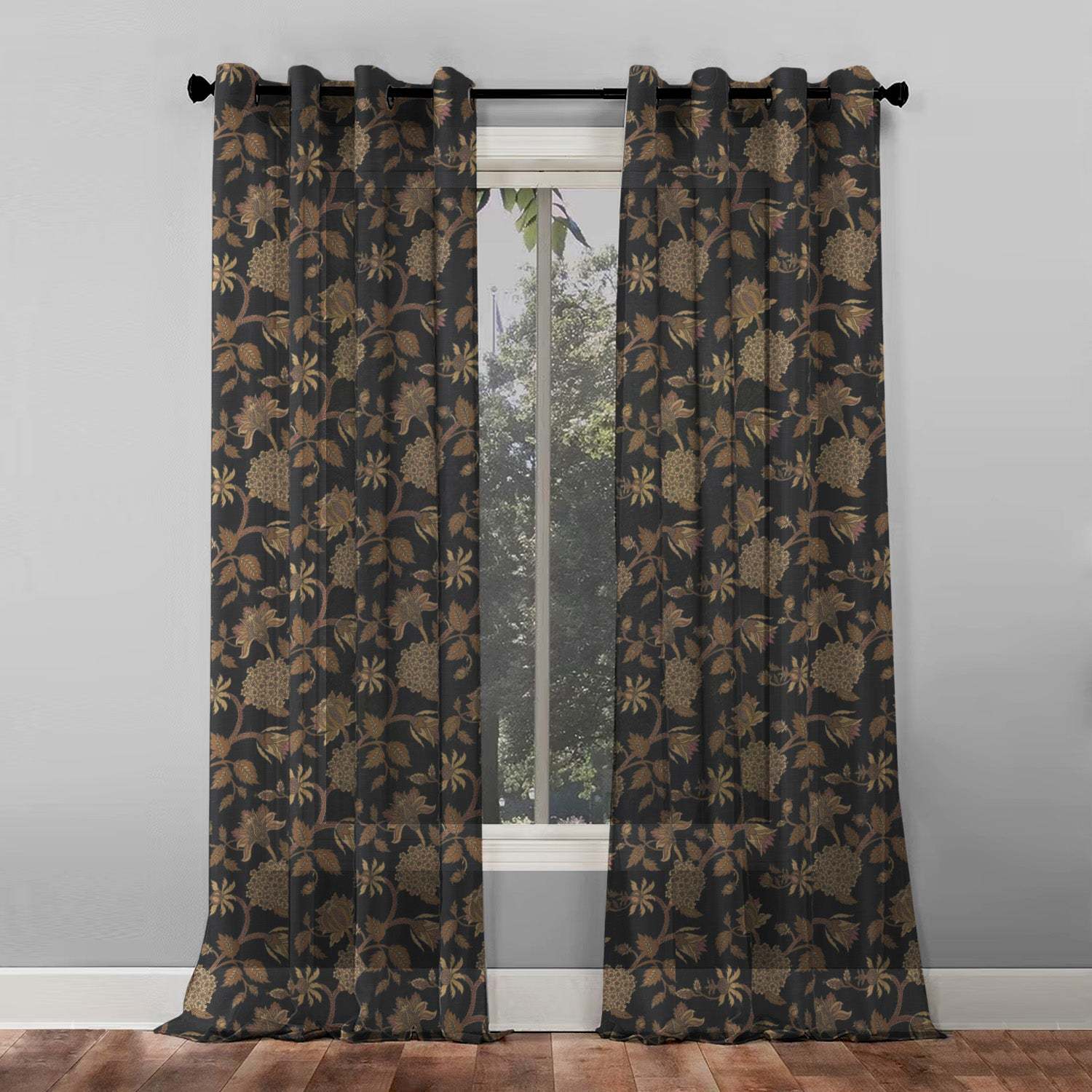 Garden Charm Floral Metal Black Shimmer Sheer Semi Transparent Curtains Set Of 2- (DS542F)