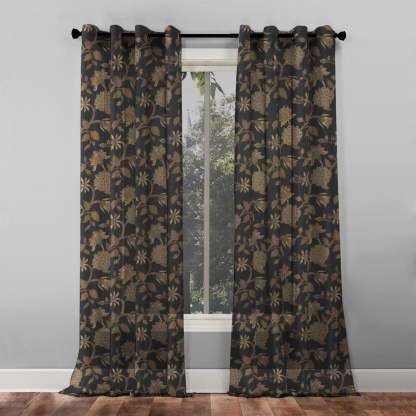 Garden Charm Floral Metal Black Shimmer Sheer Semi Transparent Curtains Set Of 2- (DS542F)