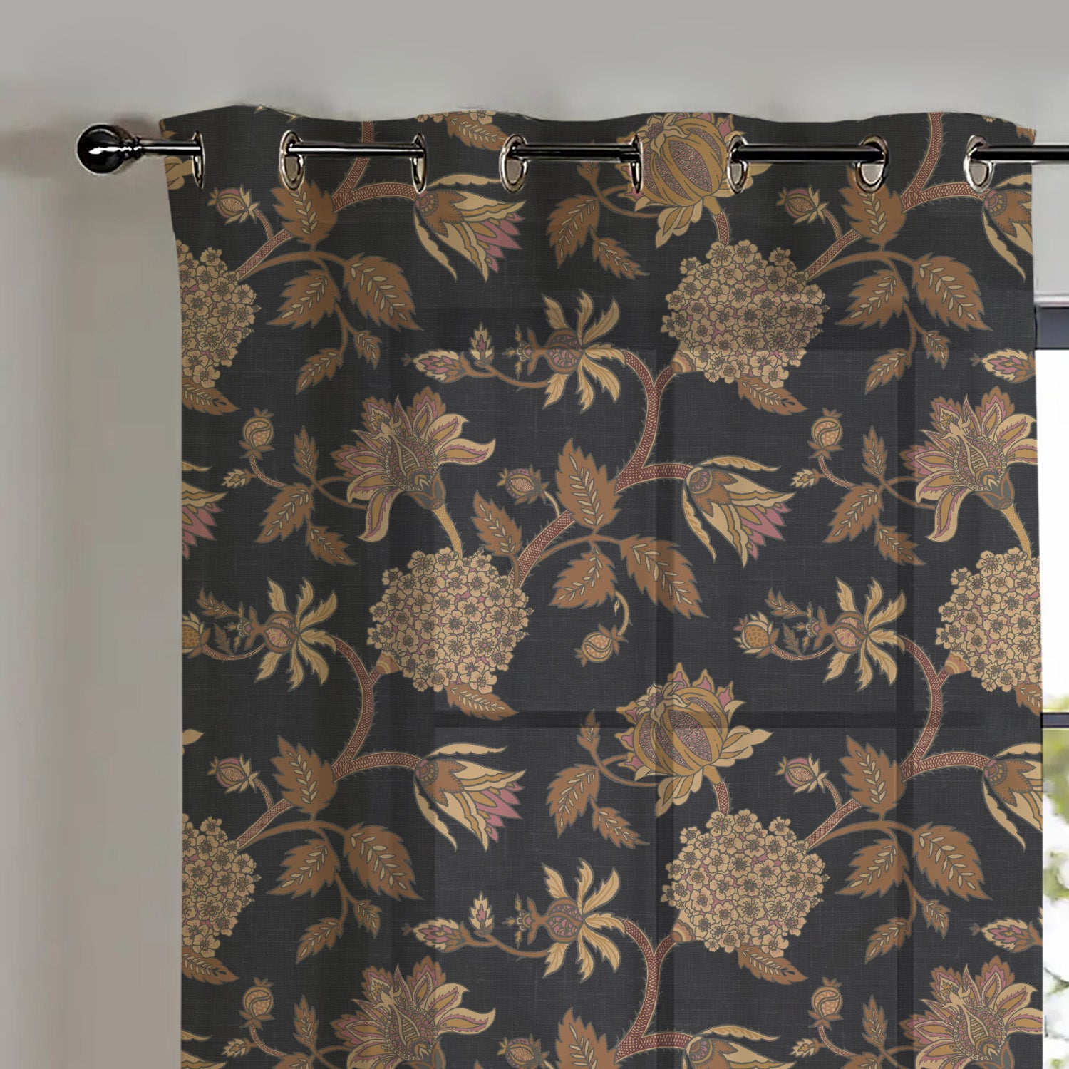 Garden Charm Floral Metal Black Shimmer Sheer Semi Transparent Curtains Set Of 2- (DS542F)