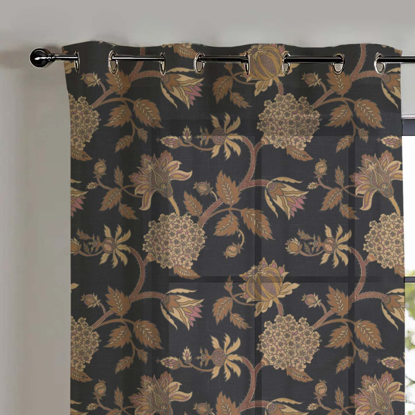 Garden Charm Floral Metal Black Shimmer Sheer Semi Transparent Curtains Set Of 2- (DS542F)