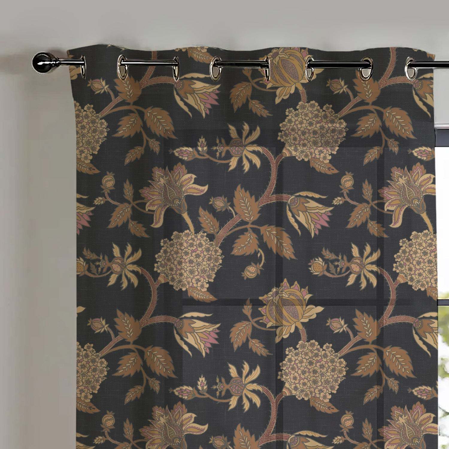 Garden Charm Floral Metal Black Shimmer Sheer Semi Transparent Curtains Set Of 2- (DS542F)
