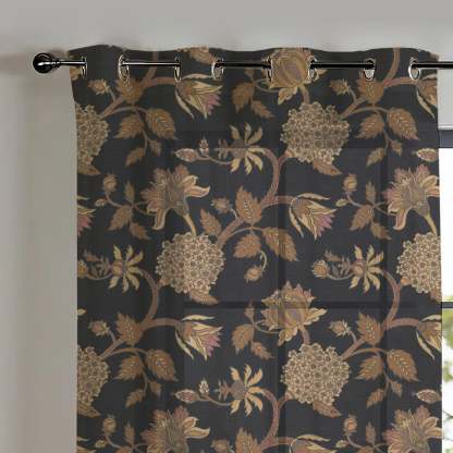 Garden Charm Floral Metal Black Shimmer Sheer Semi Transparent Curtains Set Of 2- (DS542F)