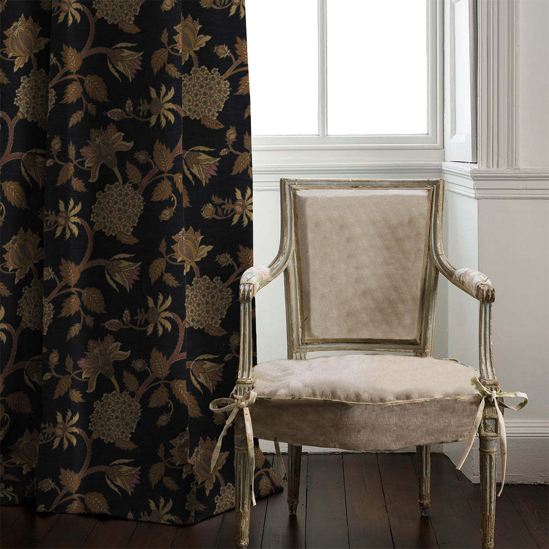 Garden Charm Floral Metal Black Velvet Room Darkening Curtains Set Of 2 - (DS542F)