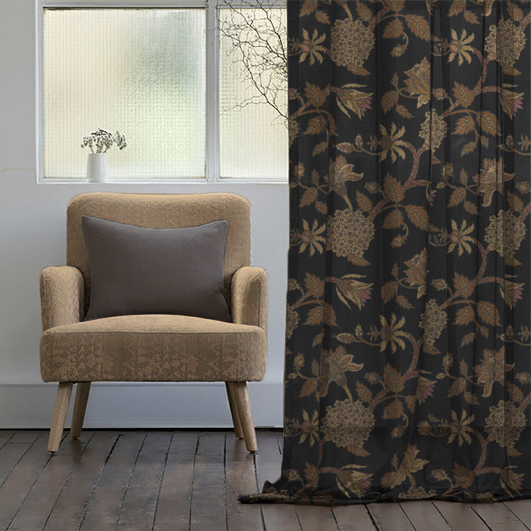 Garden Charm Floral Metal Black Shimmer Sheer Semi Transparent Curtains Set Of 2- (DS542F)