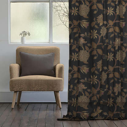 Garden Charm Floral Metal Black Shimmer Sheer Semi Transparent Curtains Set Of 2- (DS542F)