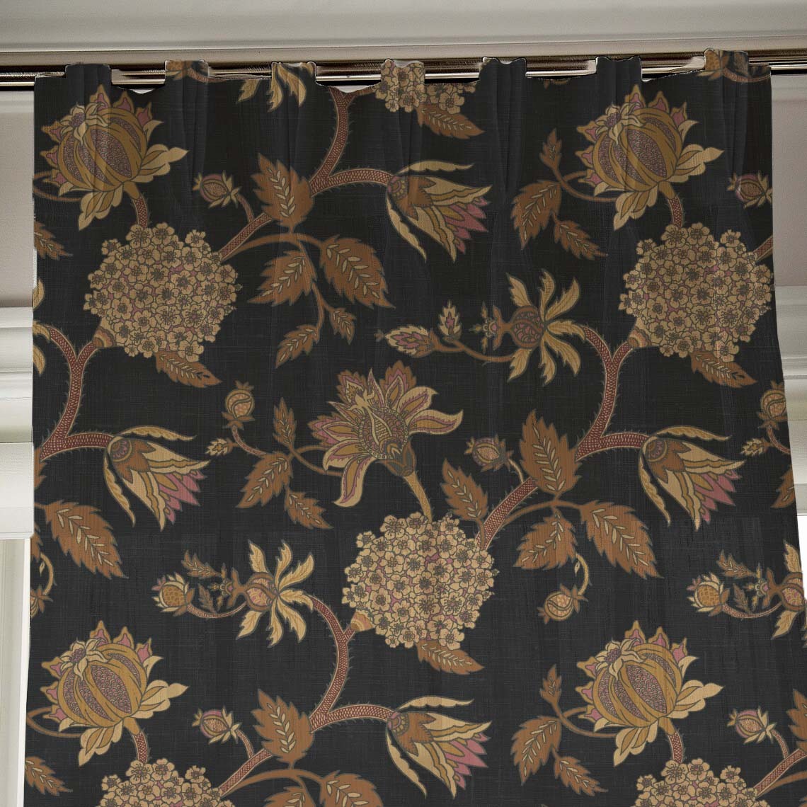 Garden Charm Floral Metal Black Shimmer Sheer Semi Transparent Curtains Set Of 2- (DS542F)
