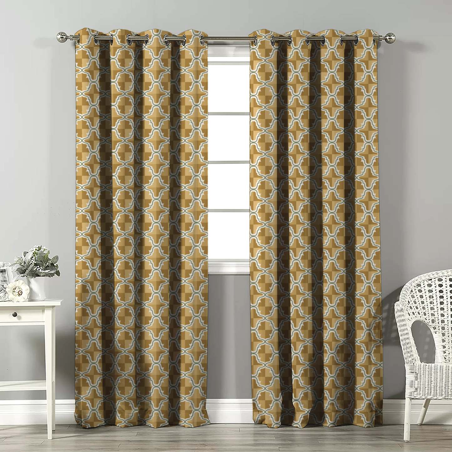 Urban Weave Geometric Corn Yellow Velvet Room Darkening Curtains Set Of 2 - (DS545E)