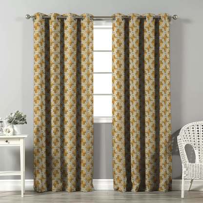Urban Weave Geometric Corn Yellow Velvet Room Darkening Curtains Set Of 2 - (DS545E)