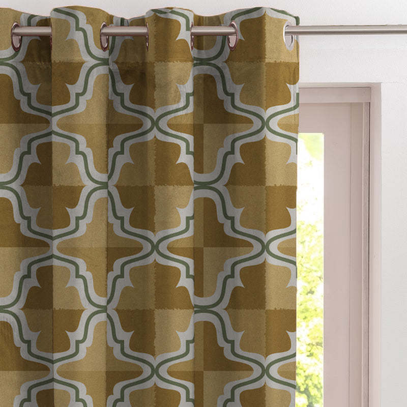 Urban Weave Geometric Corn Yellow Velvet Room Darkening Curtains Set Of 2 - (DS545E)