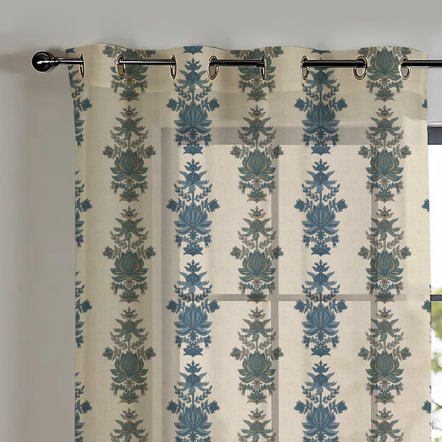 Desi Floral Indie Sand Beige Shimmer Sheer Semi Transparent Curtains Set Of 2- (DS547B)