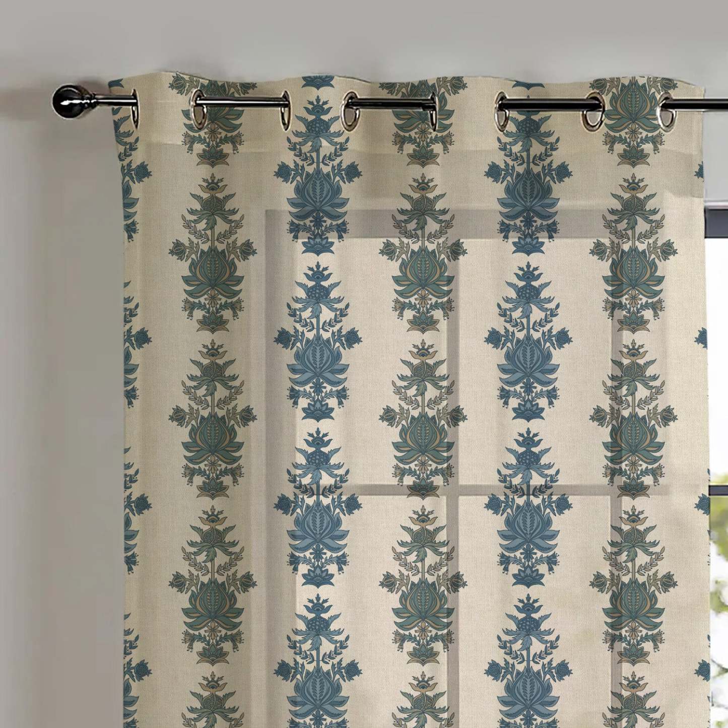 Desi Floral Indie Sand Beige Shimmer Sheer Semi Transparent Curtains Set Of 2- (DS547B)