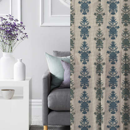 Desi Floral Indie Sand Beige Shimmer Sheer Semi Transparent Curtains Set Of 2- (DS547B)