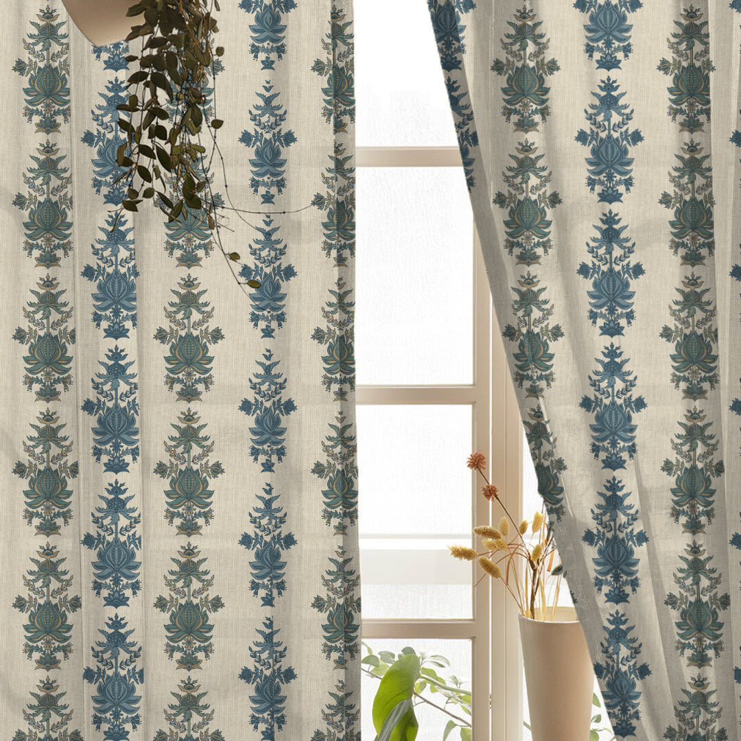 Desi Floral Indie Sand Beige Shimmer Sheer Semi Transparent Curtains Set Of 2- (DS547B)