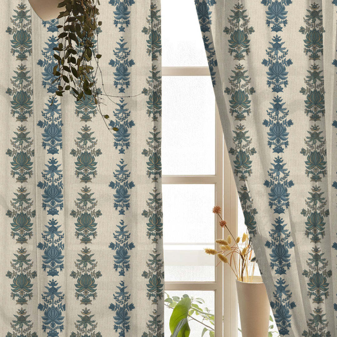 Desi Floral Indie Sand Beige Shimmer Sheer Semi Transparent Curtains Set Of 2- (DS547B)