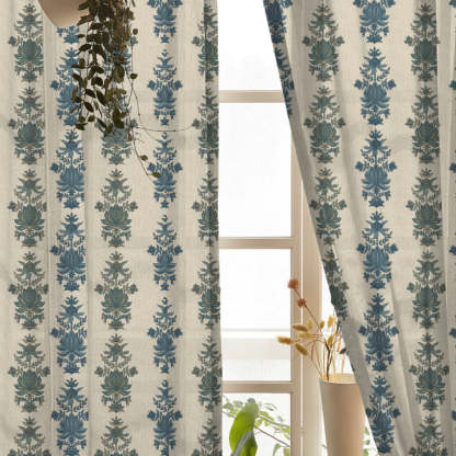 Desi Floral Indie Sand Beige Shimmer Sheer Semi Transparent Curtains Set Of 2- (DS547B)