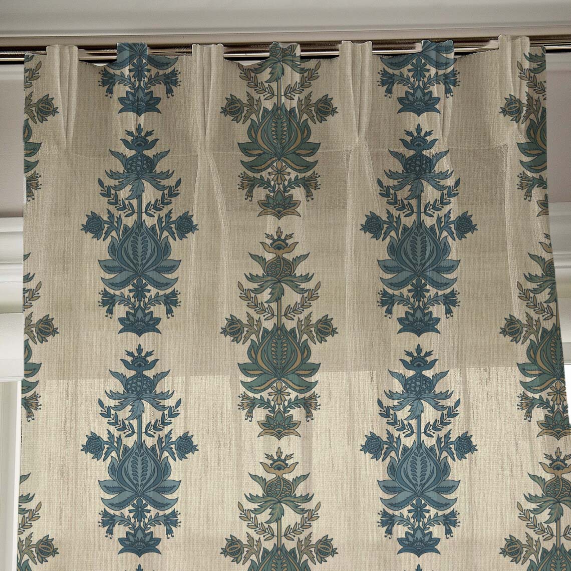 Desi Floral Indie Sand Beige Shimmer Sheer Semi Transparent Curtains Set Of 2- (DS547B)