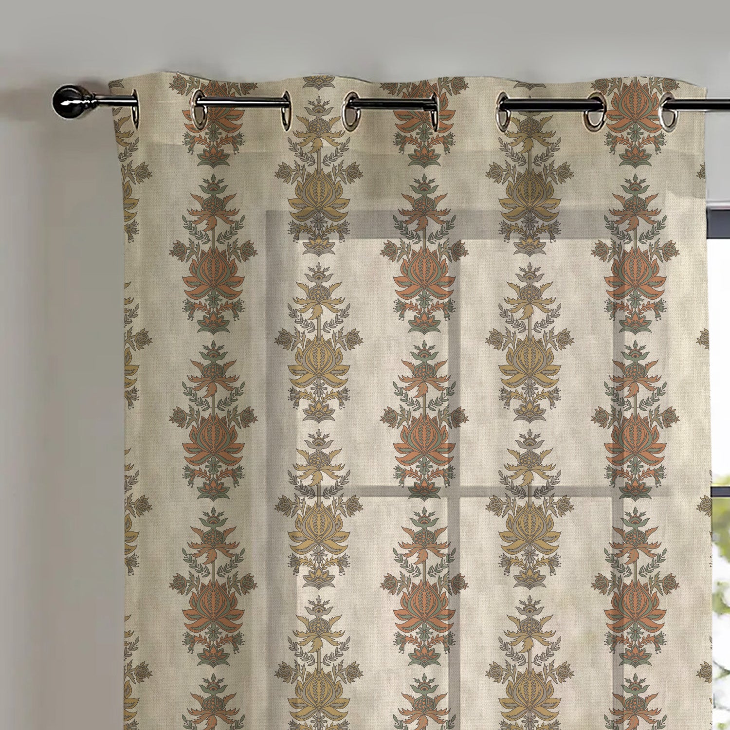 Desi Floral Indie Sand Beige Shimmer Sheer Semi Transparent Curtains Set Of 2- (DS547D)