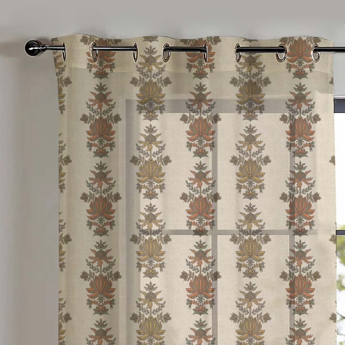 Desi Floral Indie Sand Beige Shimmer Sheer Semi Transparent Curtains Set Of 2- (DS547D)