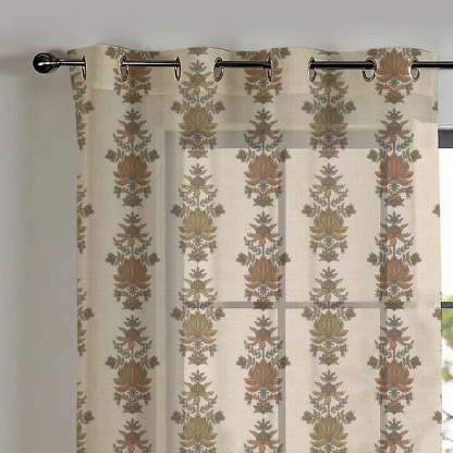 Desi Floral Indie Sand Beige Shimmer Sheer Semi Transparent Curtains Set Of 2- (DS547D)