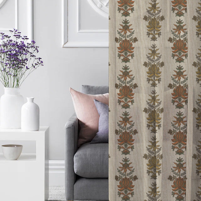 Desi Floral Indie Sand Beige Shimmer Sheer Semi Transparent Curtains Set Of 2- (DS547D)