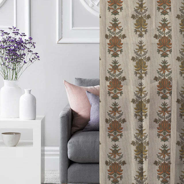 Desi Floral Indie Sand Beige Shimmer Sheer Semi Transparent Curtains Set Of 2- (DS547D)