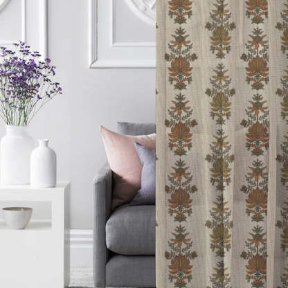 Desi Floral Indie Sand Beige Shimmer Sheer Semi Transparent Curtains Set Of 2- (DS547D)